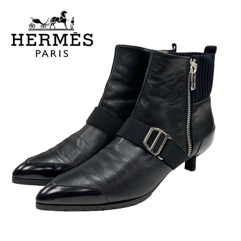 Hermes Boots Short Shoes Leather Fabric Black Silver Belt