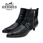 Hermes Boots Short Shoes Leather Fabric Black Silver Belt