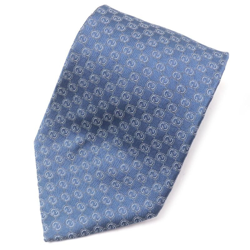 Gucci 100% Silk GG Logo All-over Pattern Crest Str Wide Tie Light Blue