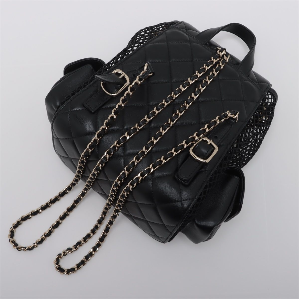 Chanel Quilted Lambskin Chain Backpack Mesh Black Gold Random Plate — view 5