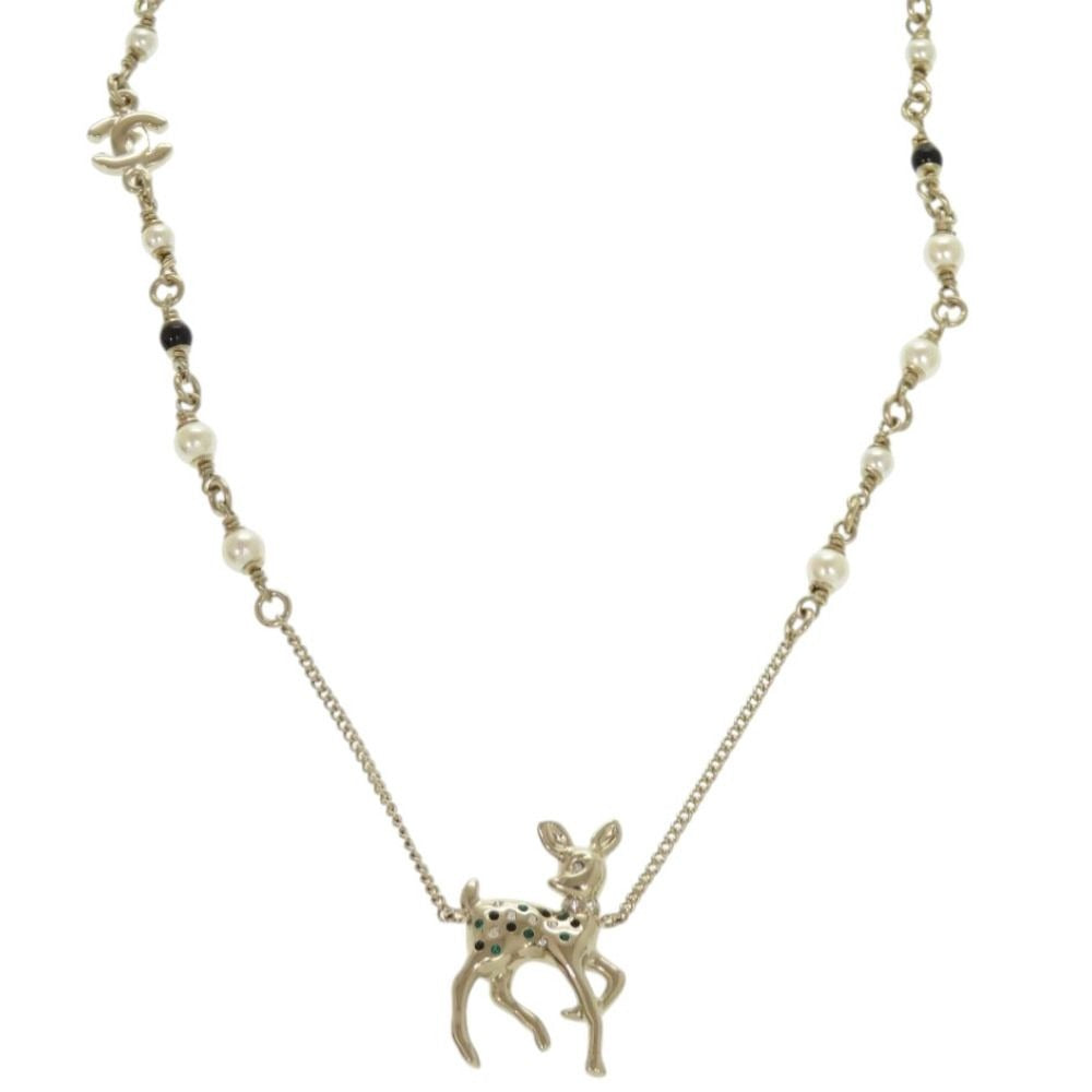 Chanel Deer Motif Rhinestone Gold Necklace