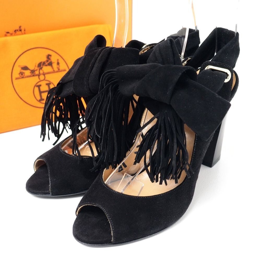 Hermes Sandals 34.5 Fringe Nubuck Ribbon Shoes