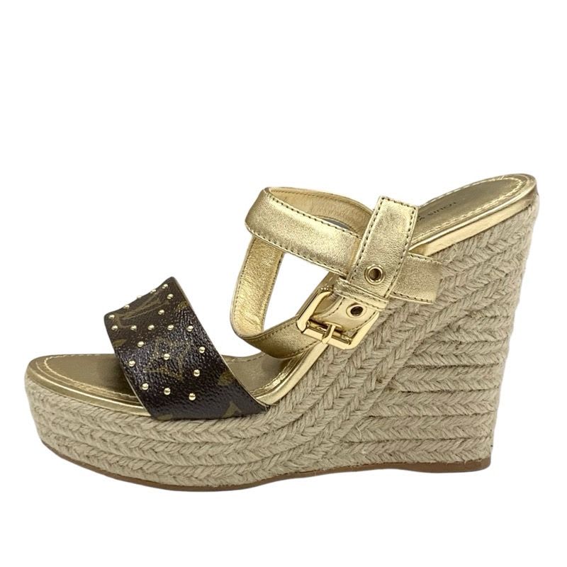 Louis Vuitton Starboard Line Monogram Sandals Shoes Leather Gold Brown Wedge — view 3