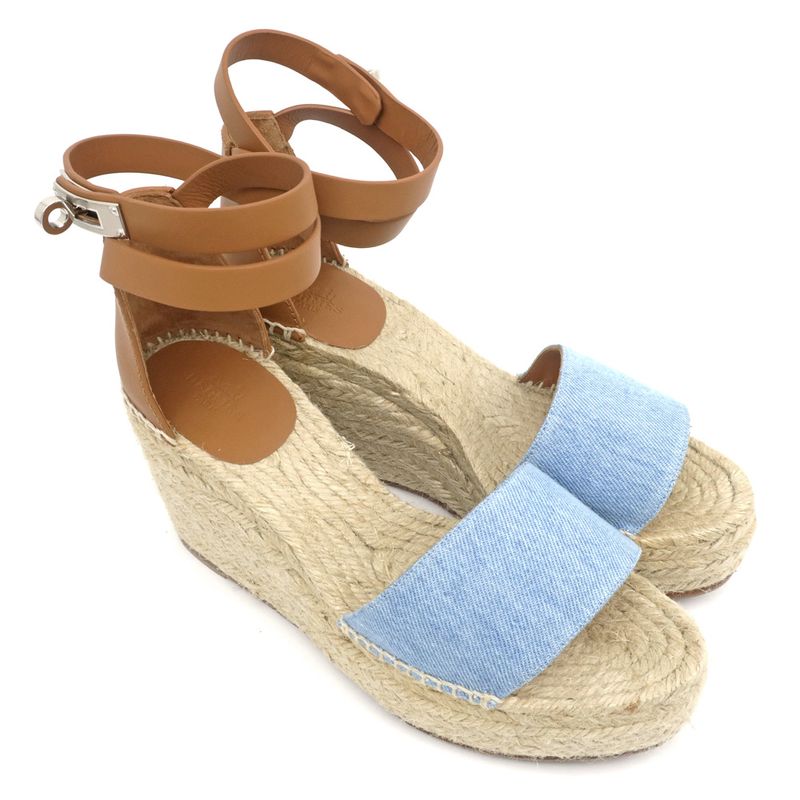 Hermes Espadrilles Tivoli Wedge Sole Sandals Blue Brown 37 — view 5
