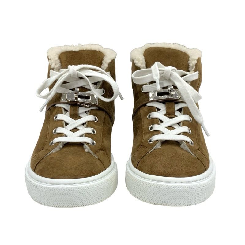 Hermes Daydream Sneakers Shoes Suede Shearling Brown Silver High Cut — view 2