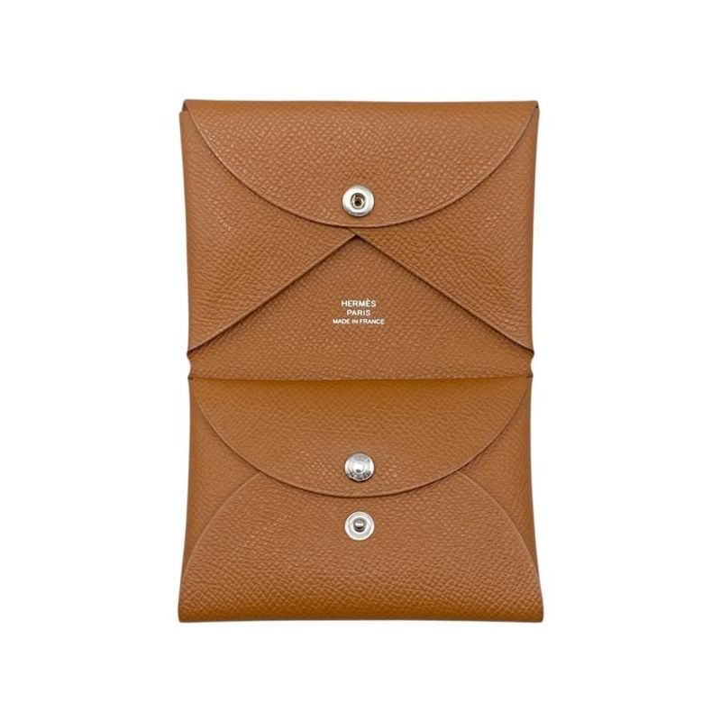 Hermes Card Case Coin Calvi Duo Engraved B Gold Brown Silver Hardware — view 6