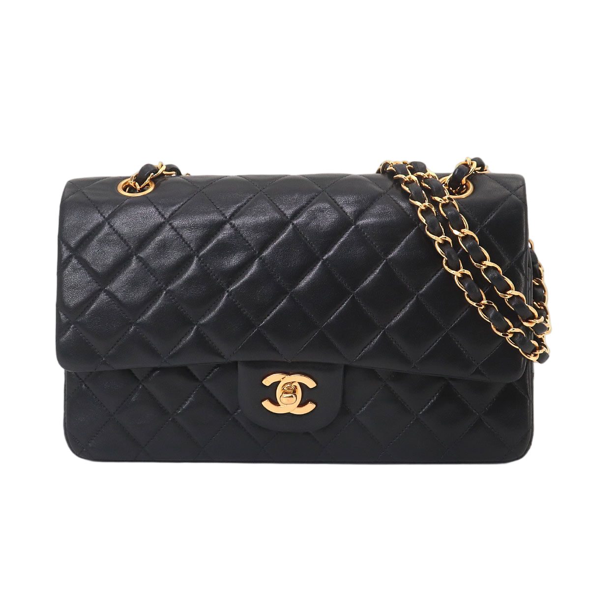 Chanel Quilted 25 Chain Shoulder Bag Lambskin Black Gold CC Logo