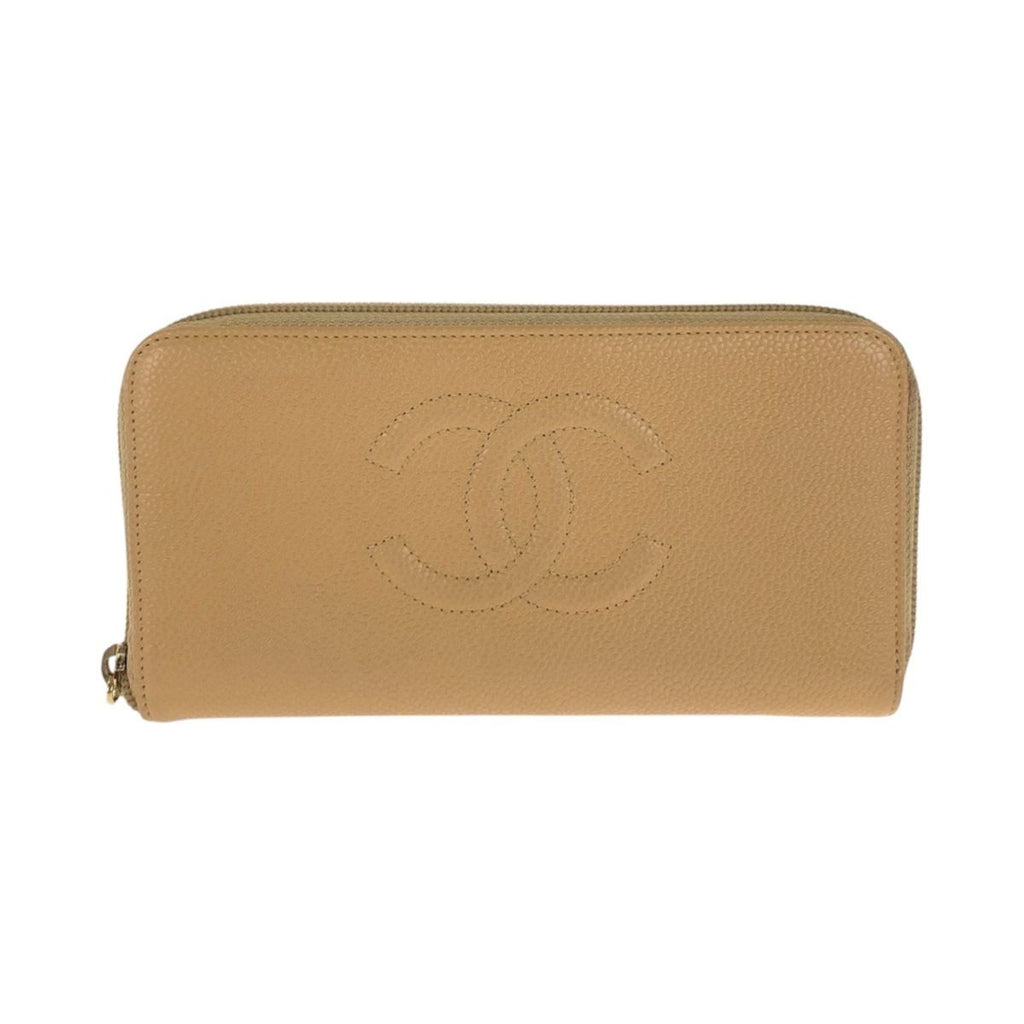 Chanel CC Logo Beige Gold Caviar Leather Wallet Zip Around