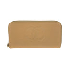 Chanel CC Logo Beige Gold Caviar Leather Wallet Zip Around