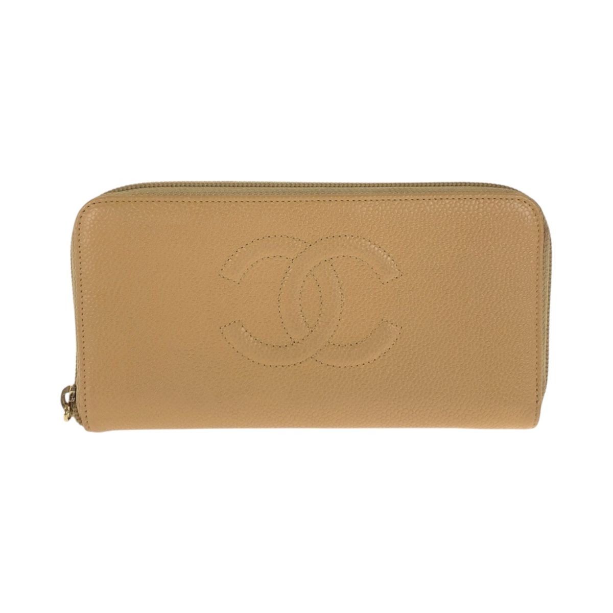 Chanel CC Logo Beige Gold Caviar Leather Wallet Zip Around