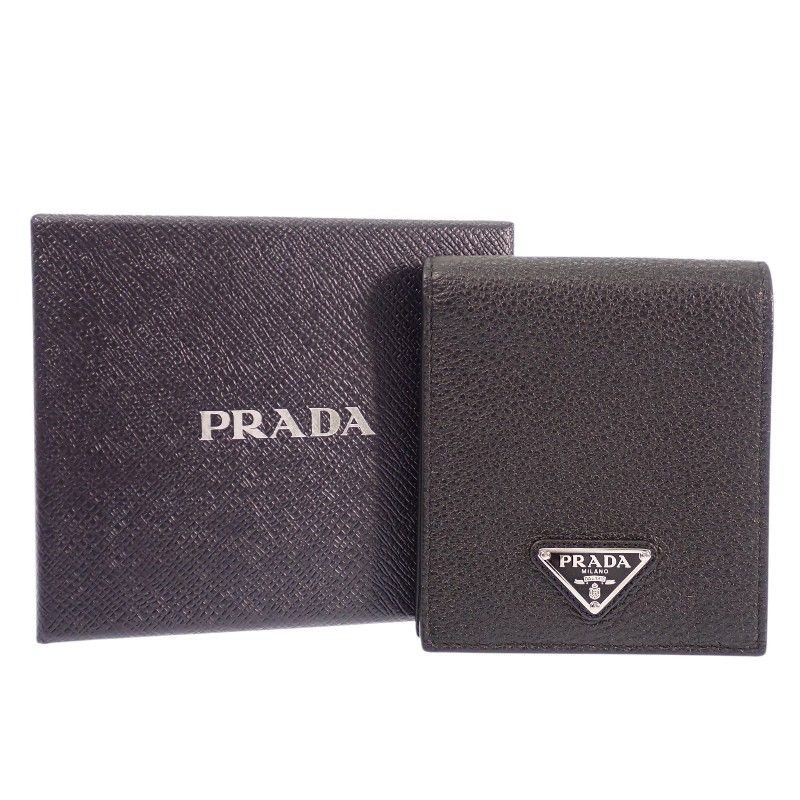 Prada Vitello Daino Leather Wallet Bifold Card Case Black Silver