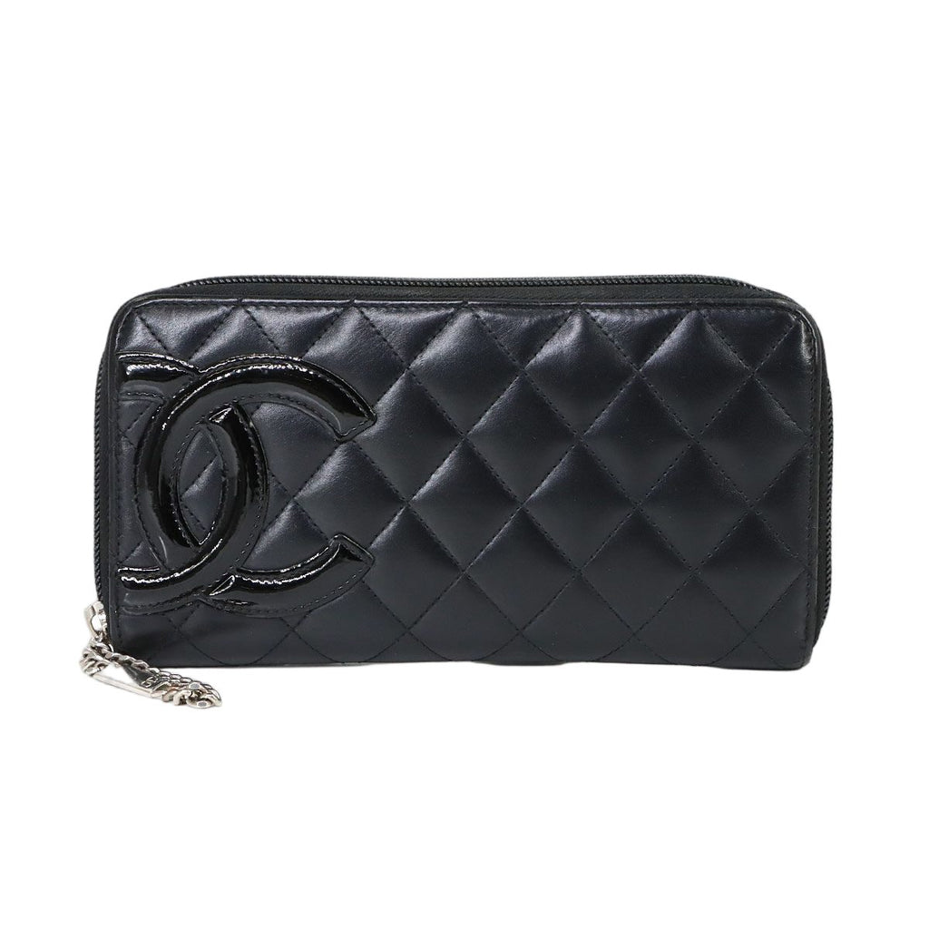 Chanel Cambon Line Zip Around Wallet Leather Enamel Black Silver