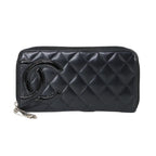Chanel Cambon Line Zip Around Wallet Leather Enamel Black Silver