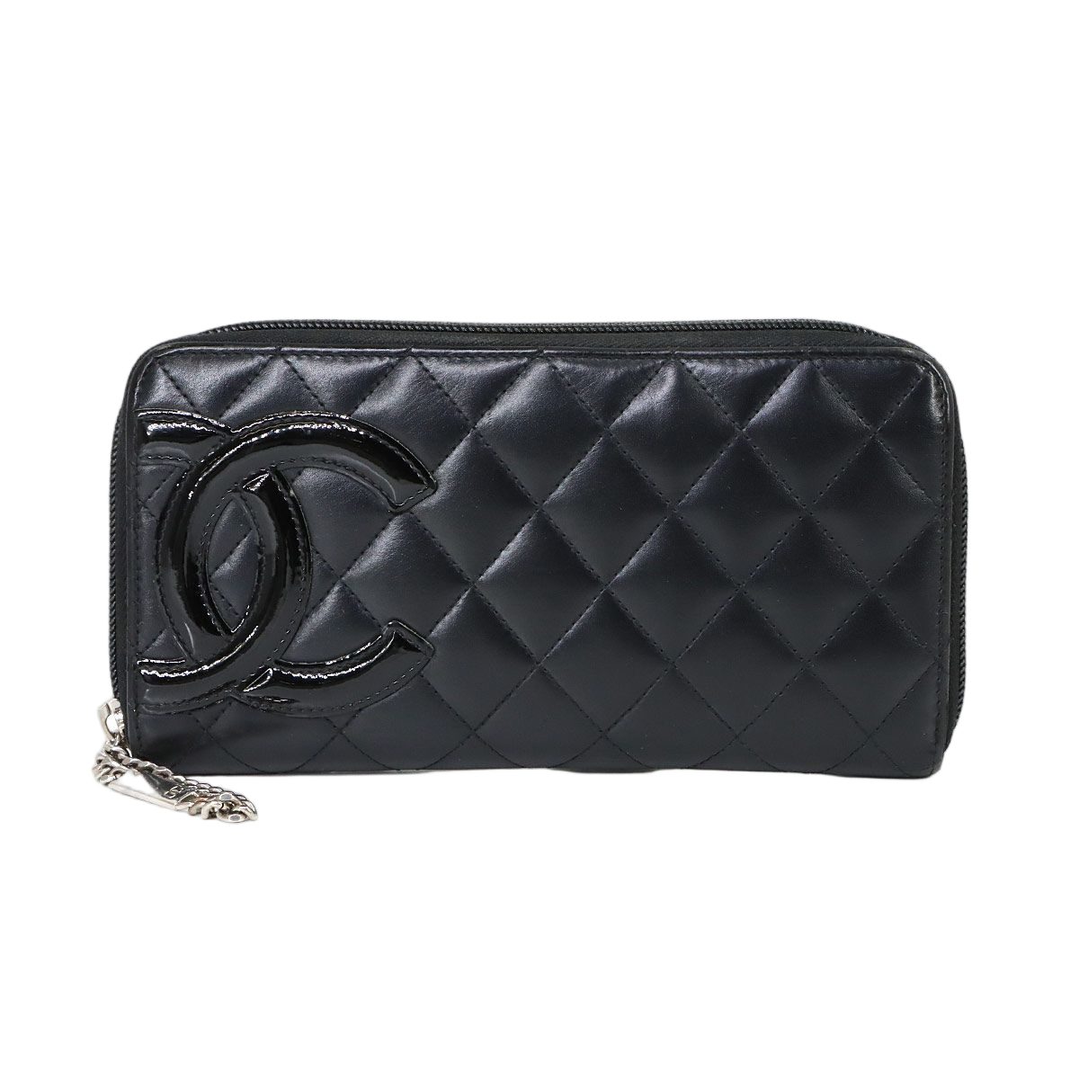 Chanel Cambon Line Zip Around Wallet Leather Enamel Black Silver