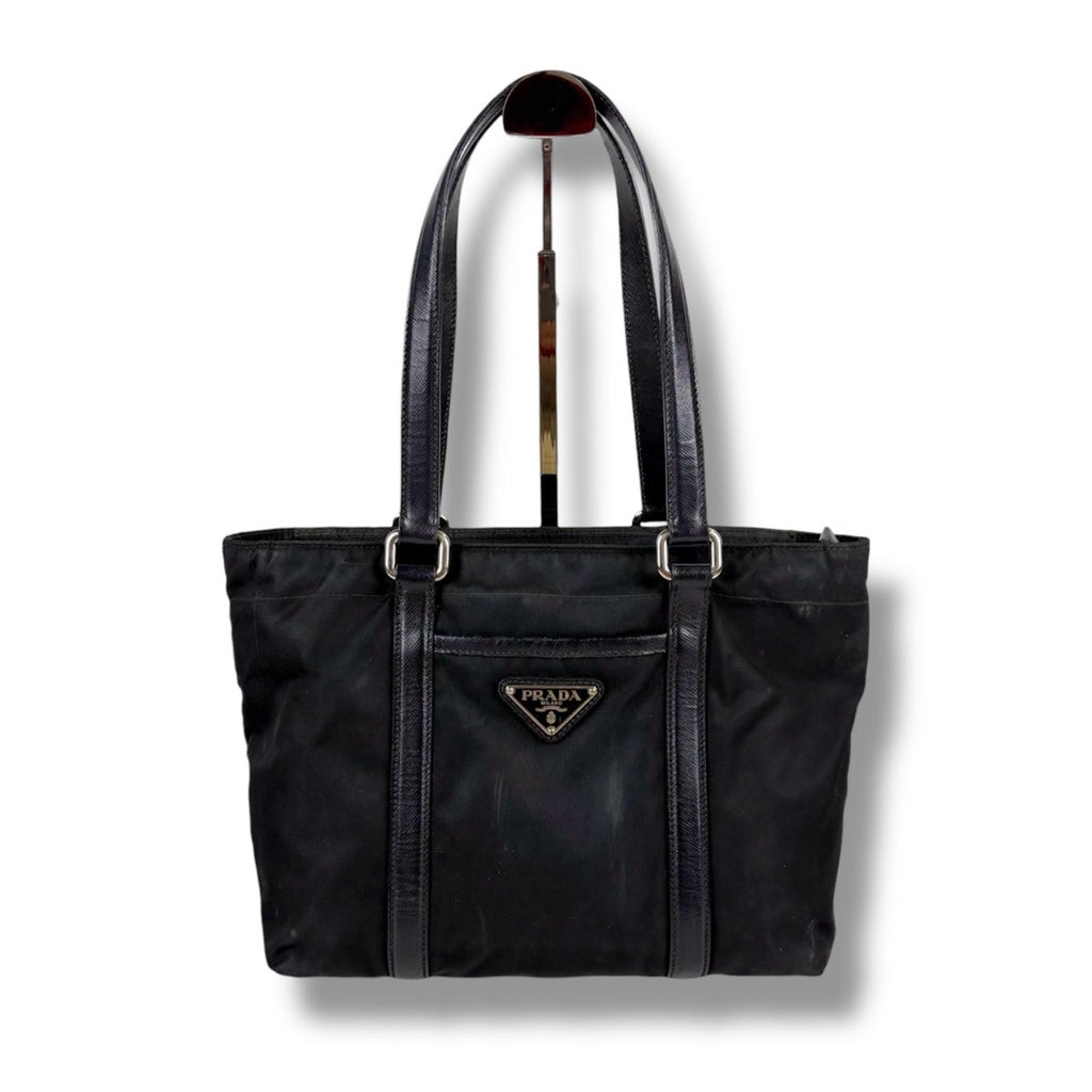 Prada Mini Tote Triangle Logo Tessuto Nylon Saffiano Leather Black