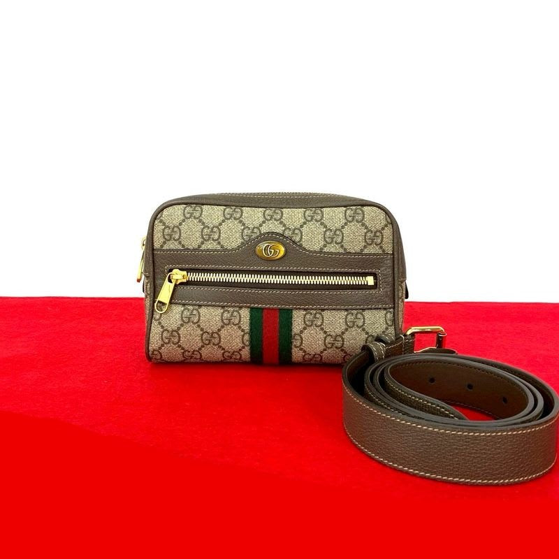 Gucci GG Supreme Ophidia Waist Pouch Leather Body Bag Shoulder Brown F2029