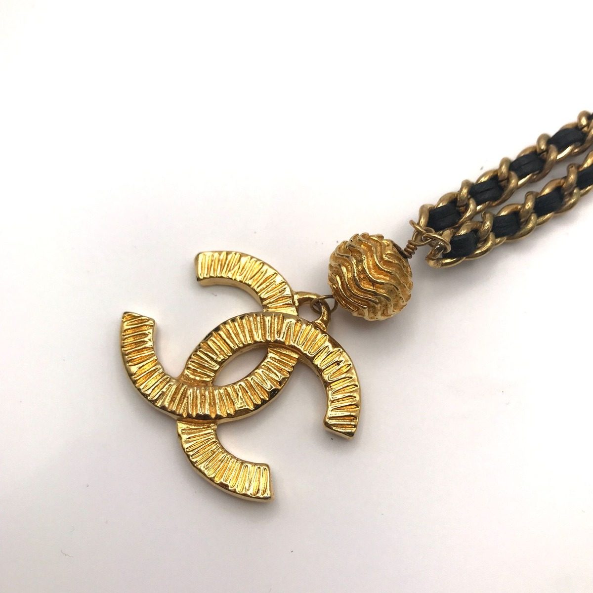 Chanel CC Logo Ball Chain Leather Necklace Gold — view 5