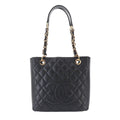 Chanel Quilted Petite Shopping Tote PST Chain Caviar Leather Black Gold