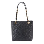Chanel Quilted Petite Shopping Tote PST Chain Caviar Leather Black Gold