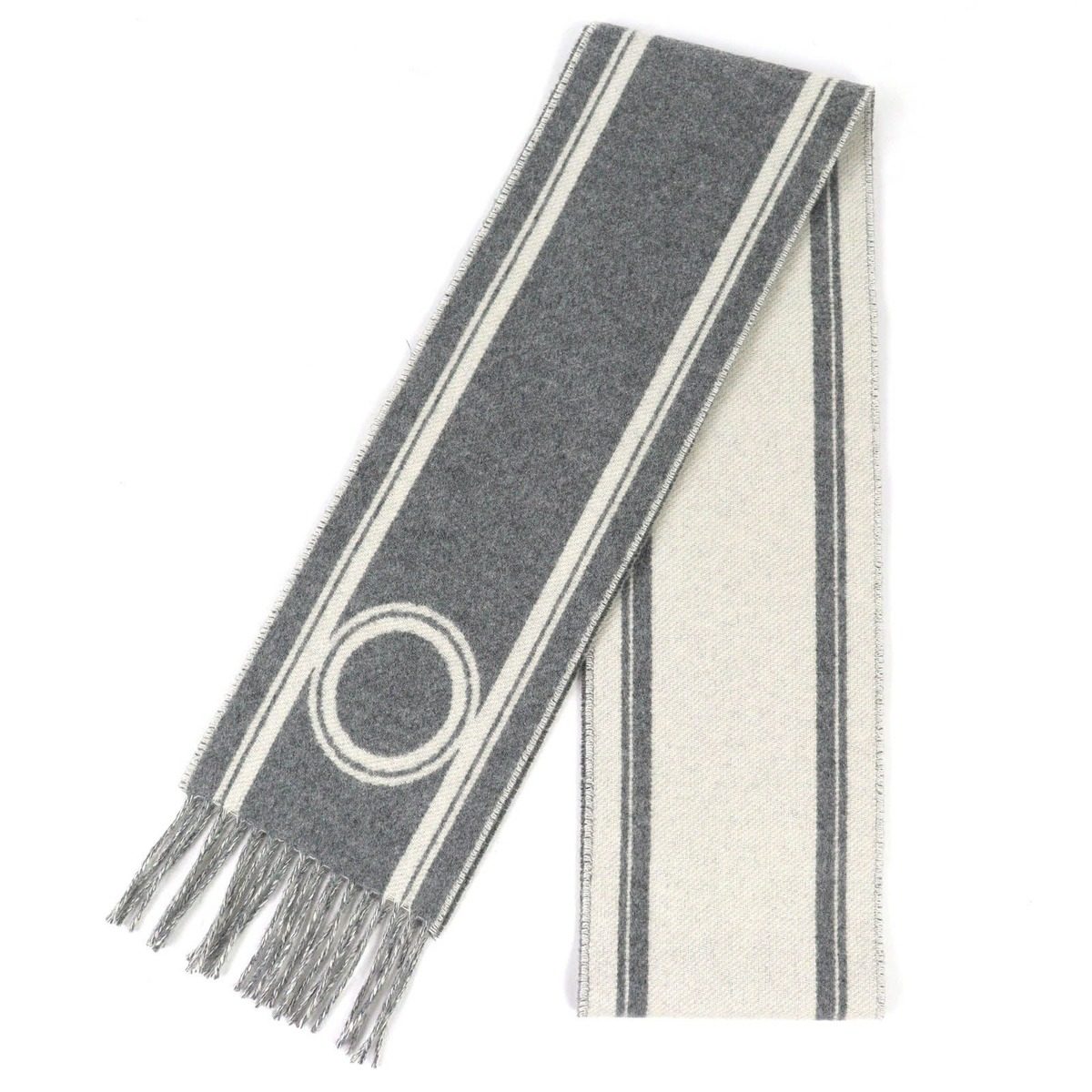 Hermes Band de Repo Cashmere Gray Flannel Yvoir Bicolor Fringe Long Scarf