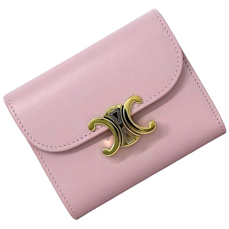 Celine Trifold Wallet Small Flap Triomphe Leather Shiny Calf Skin Pink Compact