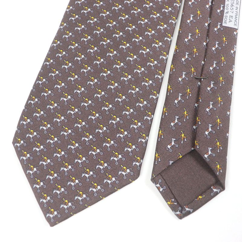 Hermes 100% Silk Jockey & toy Horse All Over Regular Tie Brown — view 4