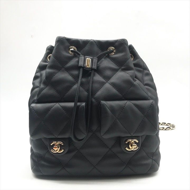 Chanel Quilted Lambskin CC Logo Drawstring Chain Backpack Pack Black — view 2