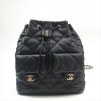 Chanel Quilted Lambskin CC Logo Drawstring Chain Backpack Pack Black — view 2