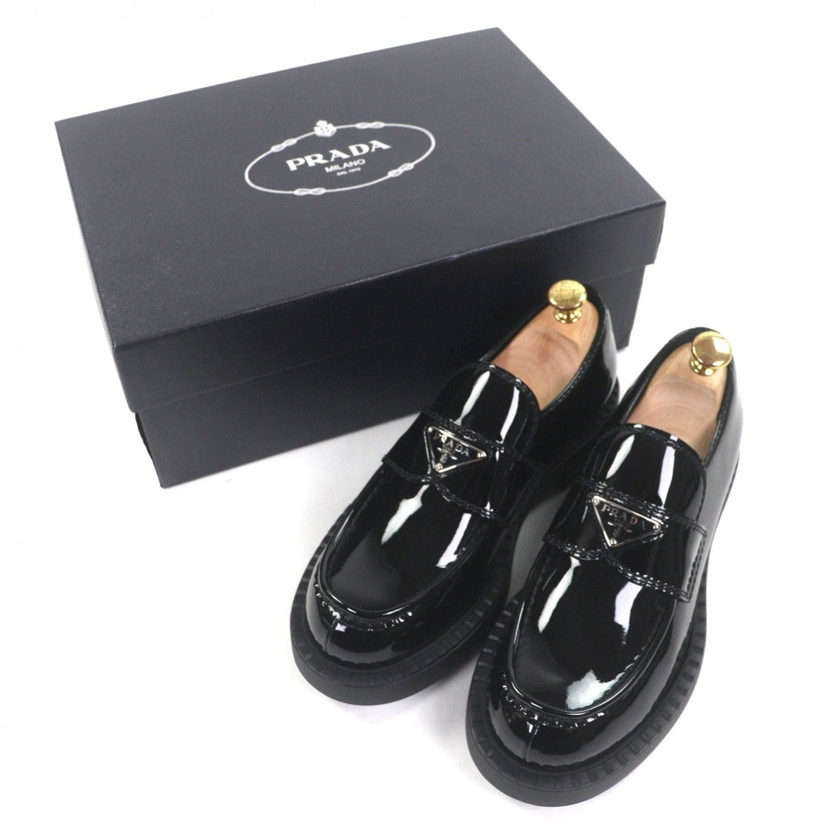 Prada Chocolate Patent Leather Triangle Logo Loafer Black 6.5 — view 2