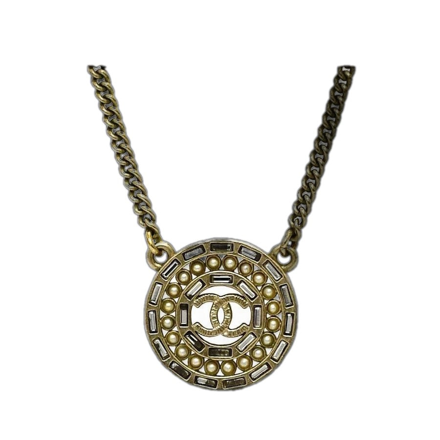 Chanel Necklace Gold CC Logo Faux Pearl