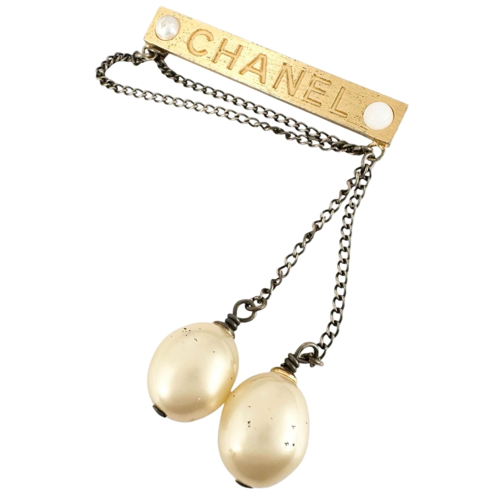Chanel Pearl Logo Gold Plated Brooch