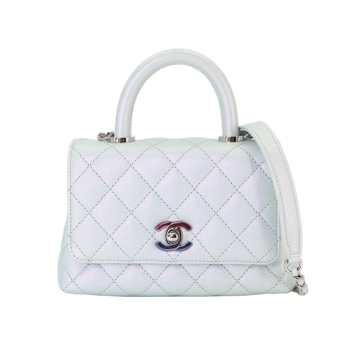 Chanel Coco Handle Xxs Quilted 2-Way Bag Caviar Leather Metallic Blue