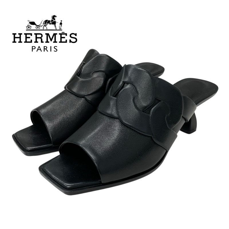 Hermes Hannah 95 Sandals Shoes Leather Black Mules