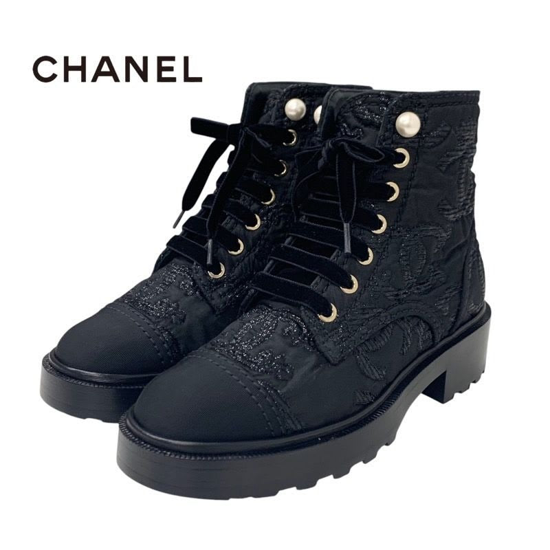 Chanel Boots Short Shoes Fabric Black Coco Mark Lace Up Pearl