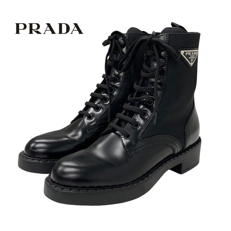 Prada Boots Short Shoes Leather Nylon Black Silver Triangle Logo Lace Up