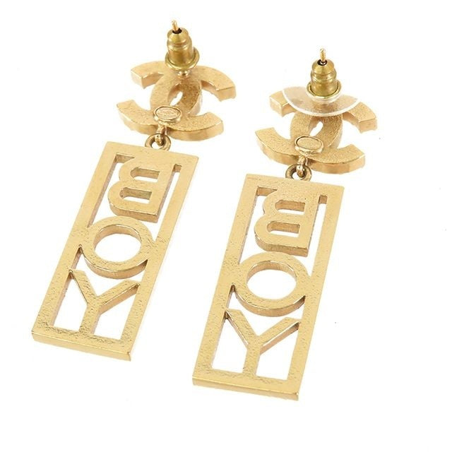 Chanel Earrings Gold Metal CC Logo Boy Plate — view 2