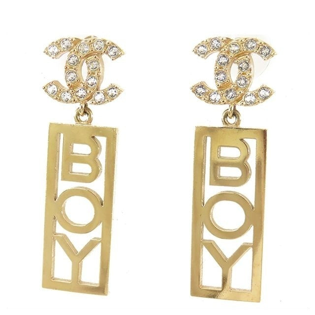 Chanel Earrings Gold Metal CC Logo Boy Plate