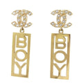 Chanel Earrings Gold Metal CC Logo Boy Plate