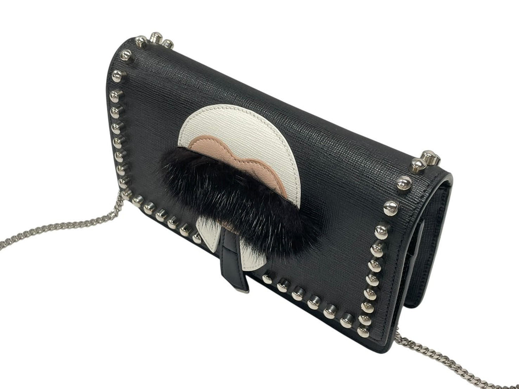 Fendi Shoulder Bag Chain Wallet Karl Lagerfeld Leather Black Silver — view 5