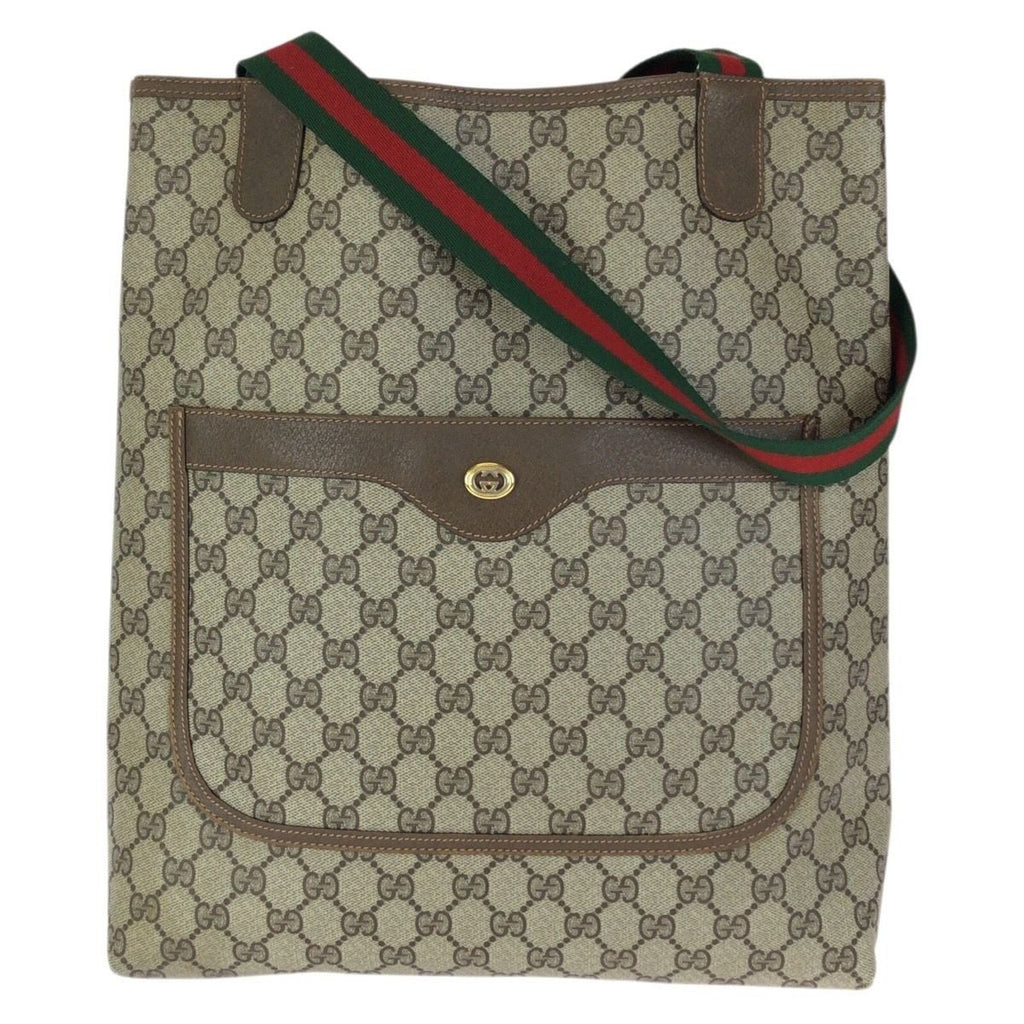 Gucci Vintage Sherry Line Beige Brown GG Supreme Canvas Leather Tote