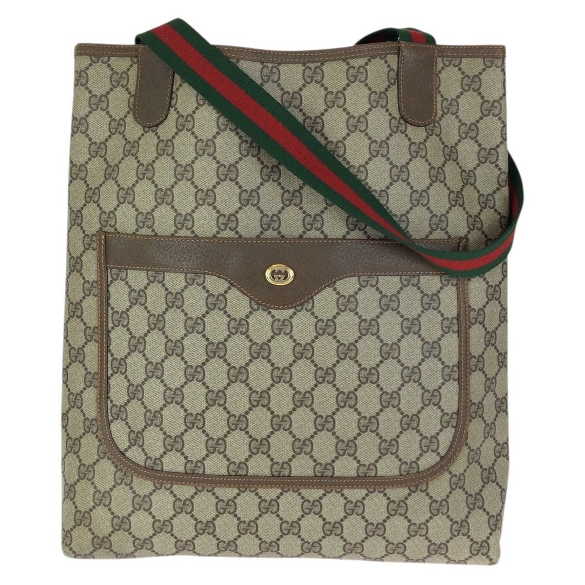 Gucci Vintage Sherry Line Beige Brown GG Supreme Canvas Leather Tote