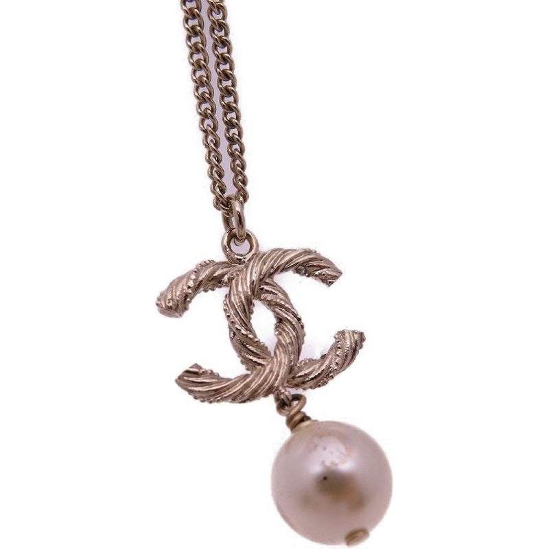 Chanel Coco Mark Faux Pearl B15 V Necklace Rhinestone Metal Gold 1483