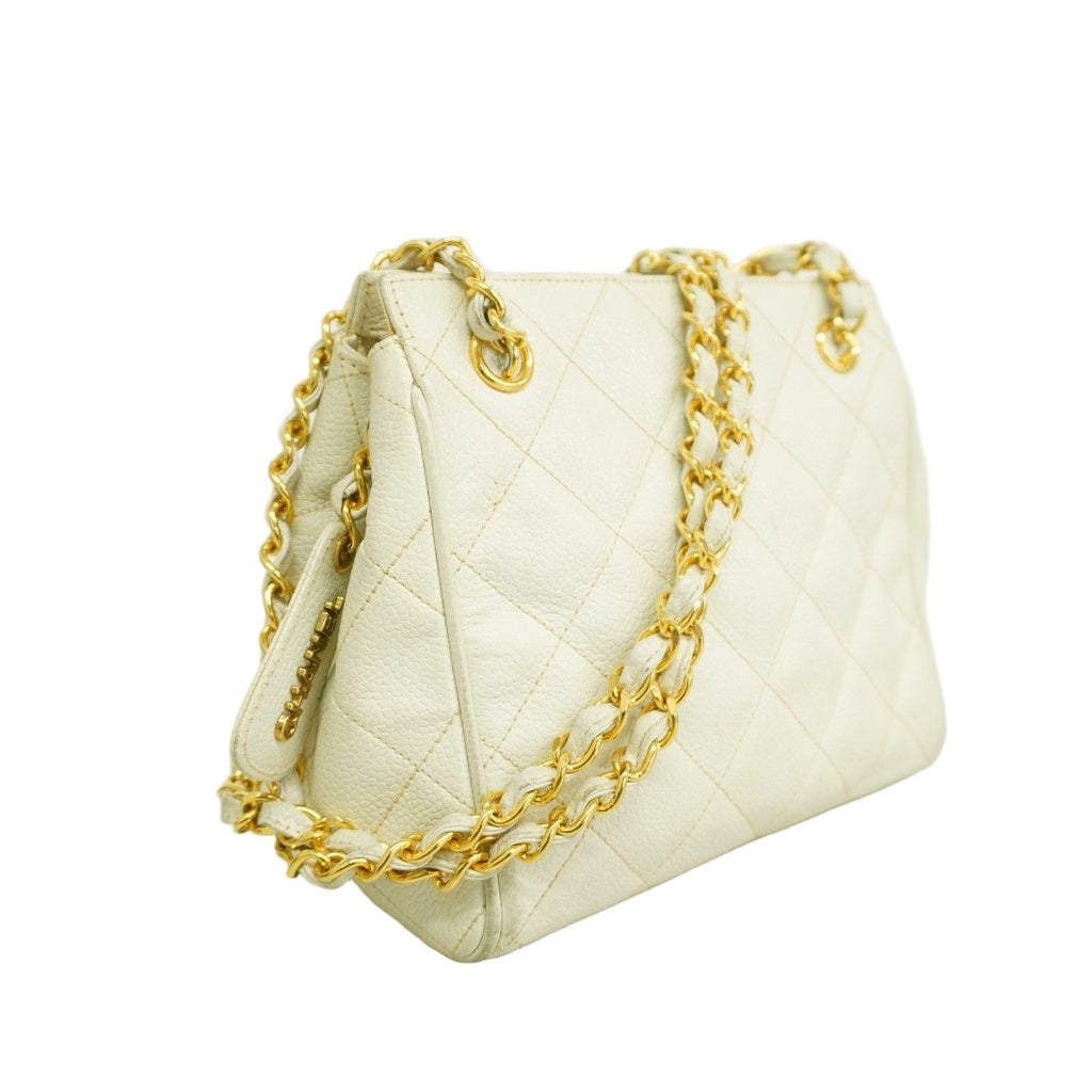 Chanel Shoulder Bag Quilted Caviar Leather White Gold — view 2