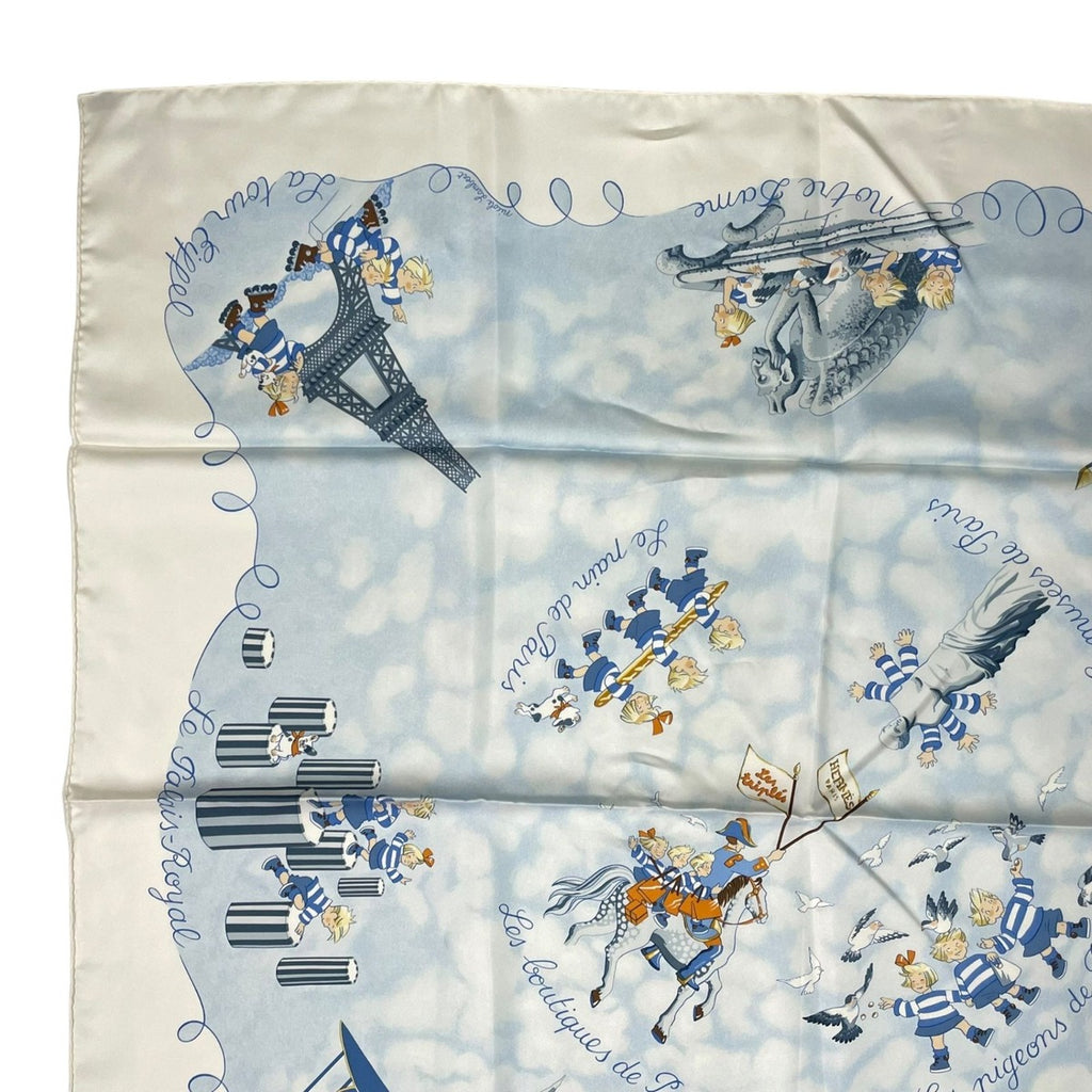 Hermes Scarf Silk Carre 90 les Triples de Paris Mischievous Triplets White — view 3