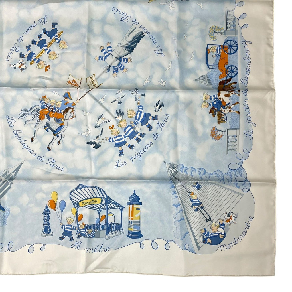 Hermes Scarf Silk Carre 90 les Triples de Paris Mischievous Triplets White — view 6