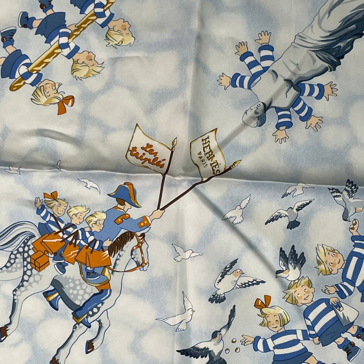 Hermes Scarf Silk Carre 90 les Triples de Paris Mischievous Triplets White — view 7