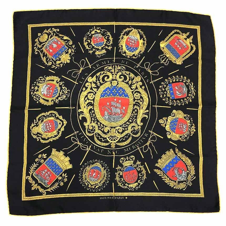 Hermes Carre 45 Scarf les Armes de Paris Coat of Arms Silk Black