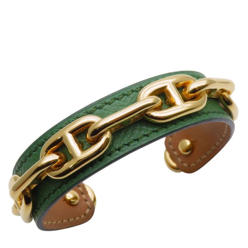 Hermes Bangle Chaine D'ancre Leather Metal Green Gold Plated GP Accessory — view 2