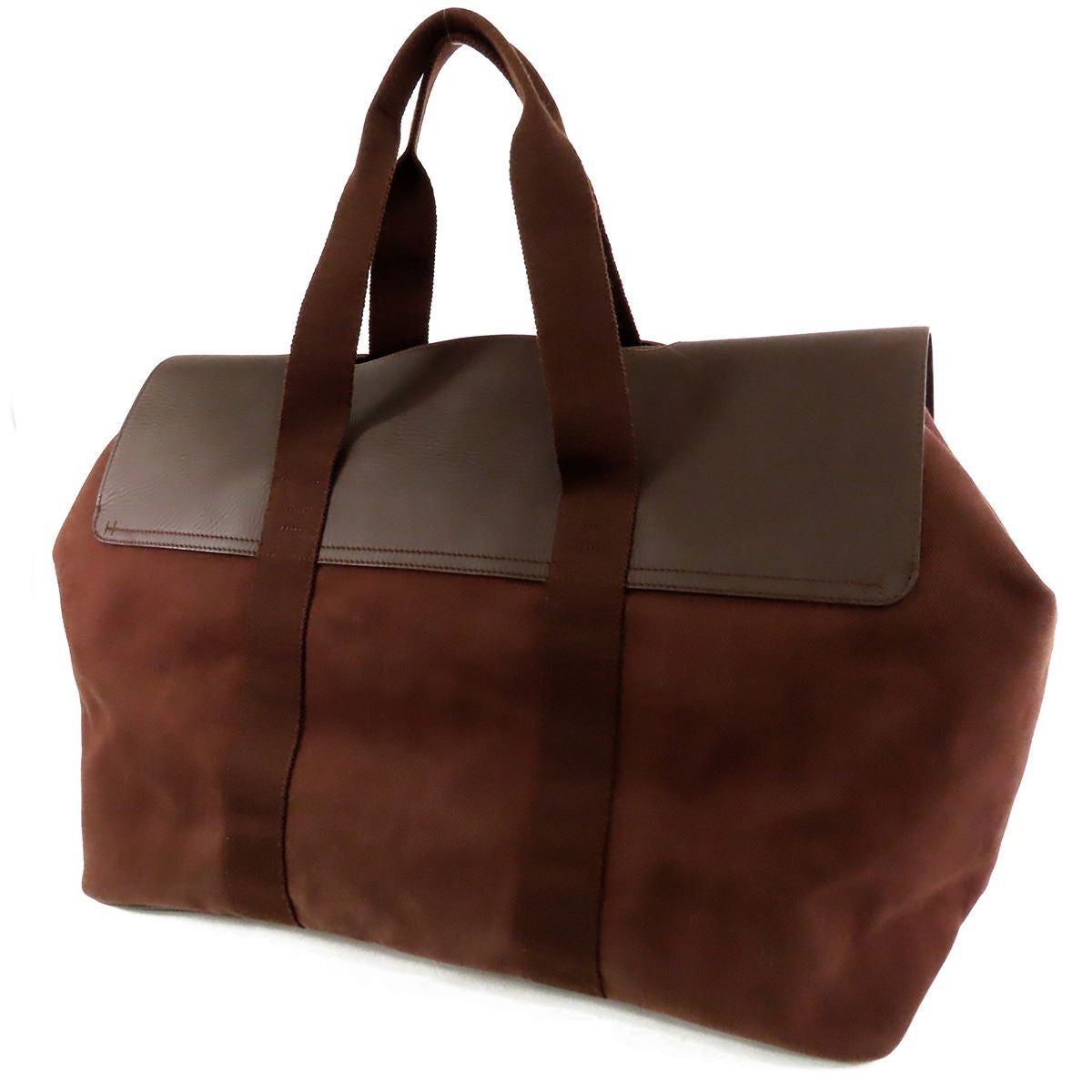 Hermes Valparaiso GM Brown Silver Toile Chevron Leather Boston Bag — view 2