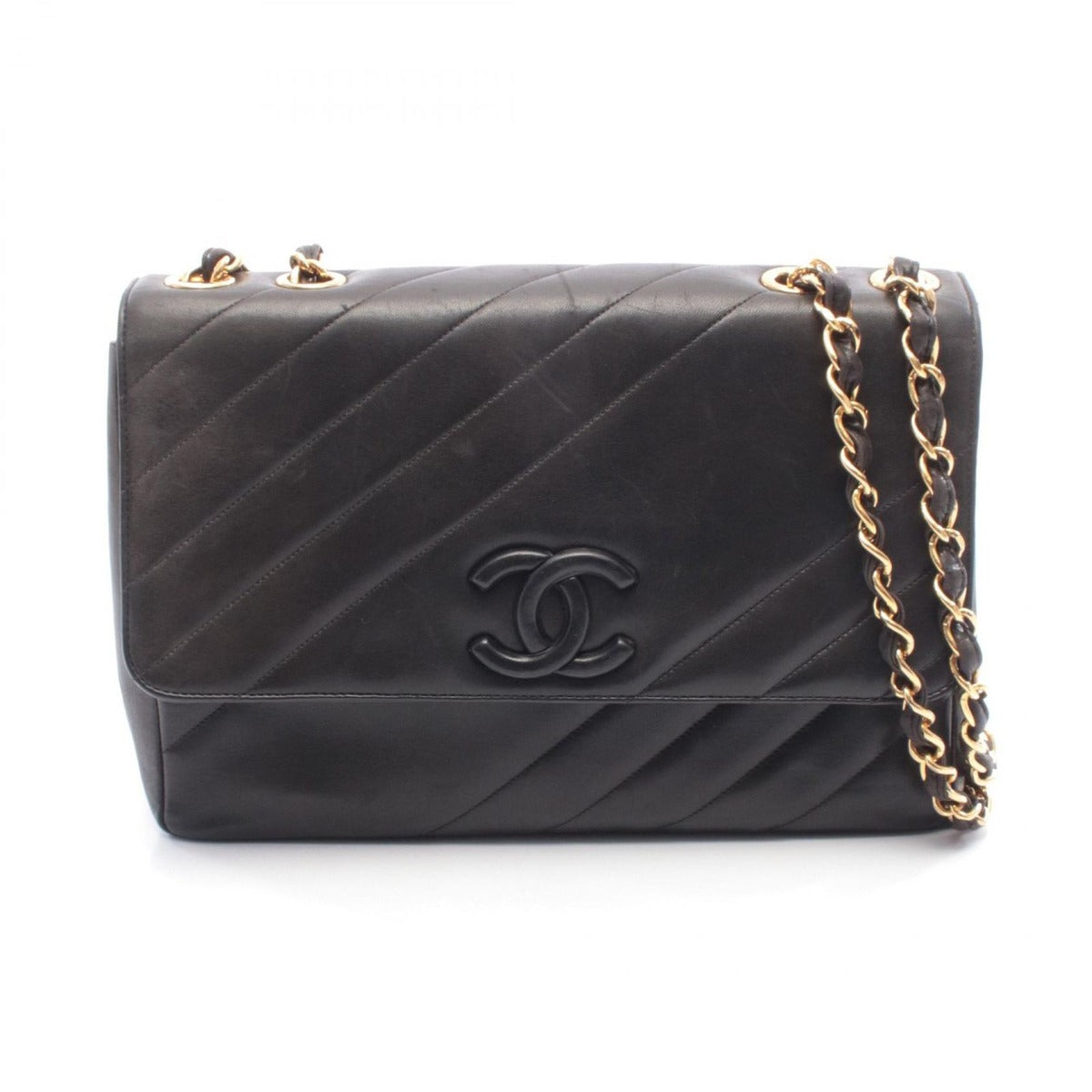 Chanel Shoulder Bag Bias Stitch CC Logo Black Lambskin